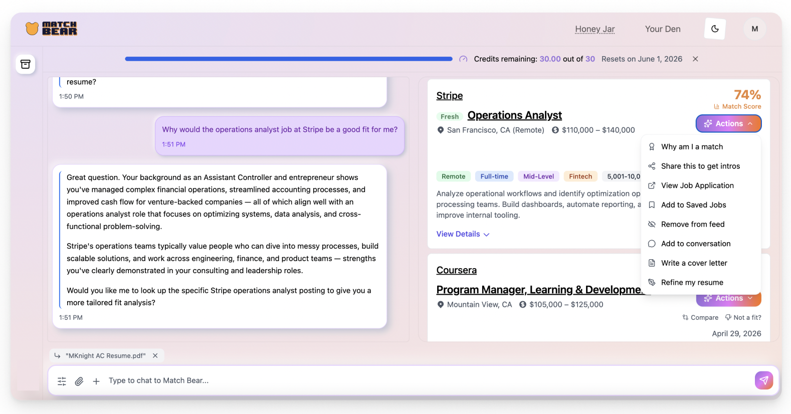 Match Bear chat interface showing conversational job discovery